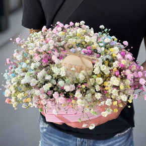 Композиция в коробке сердца из радужных гипсофил с топпером в Истре