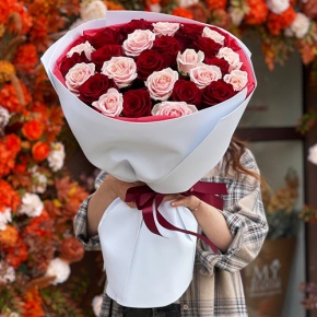 Букет "Сокровенное желание" из 25 пудровых и красных роз Эквадор (60 см) в Истре